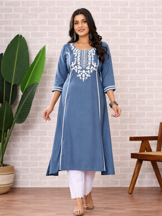 blue embroidered kurta set