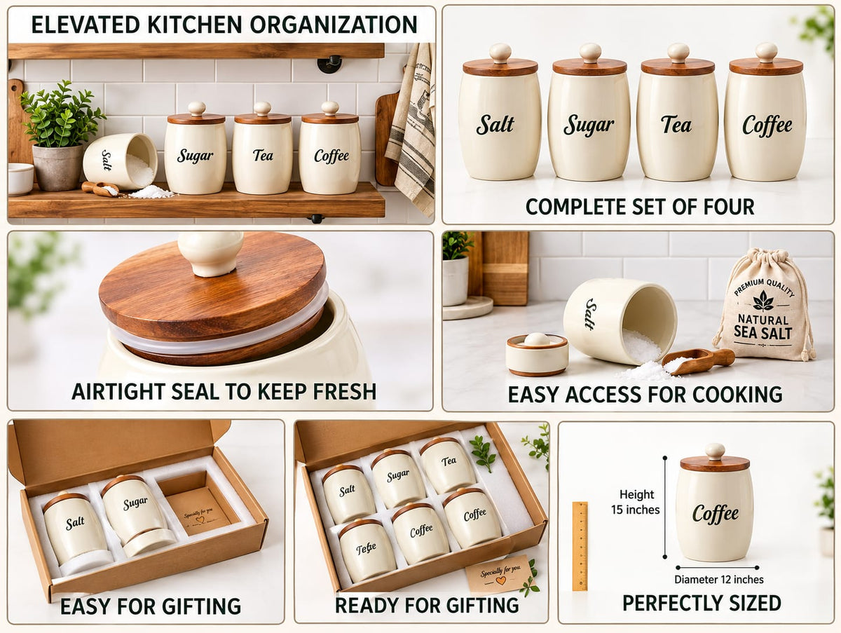4-Piece Ceramic Kitchen Storage Jar Set - Salt, Sugar, Tea & Coffee