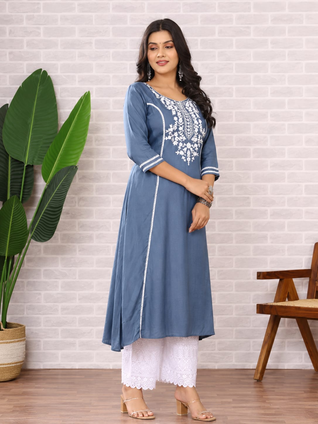 blue embroidered kurta set