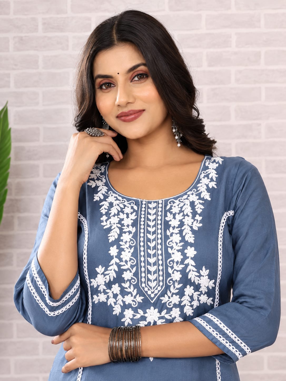 blue embroidered kurta set